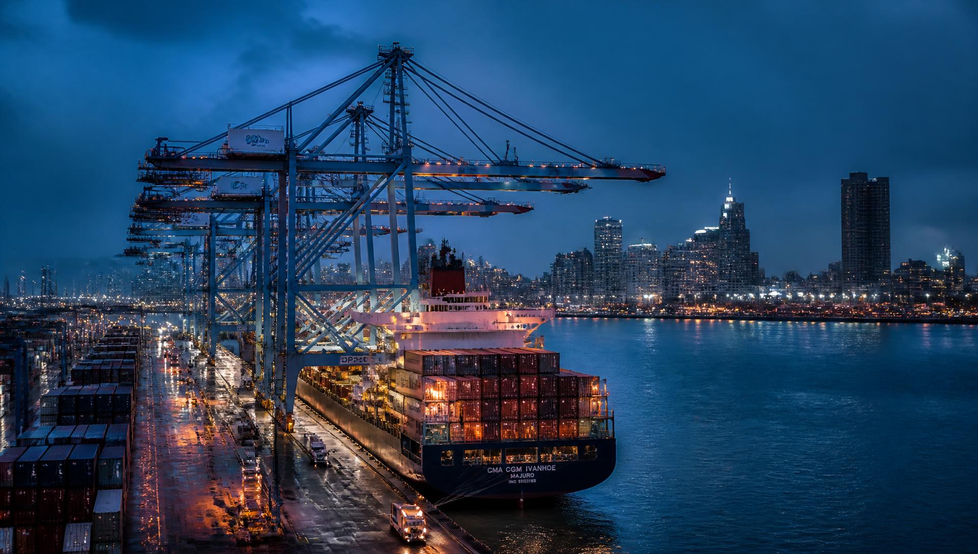 Container terminal at blue hour loading cargo for international export
